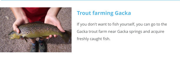 If you don't want to fish yourself, you can go to the                                                                     Gacka trout farm near Gacka springs and acquire                                                                     freshly caught fish.                                                                                                                                                                     Trout farming Gacka